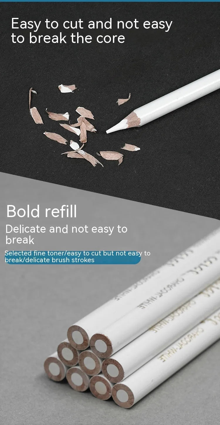 Three white charcoal sketching pencils with wooden barrels for highlighting artwork