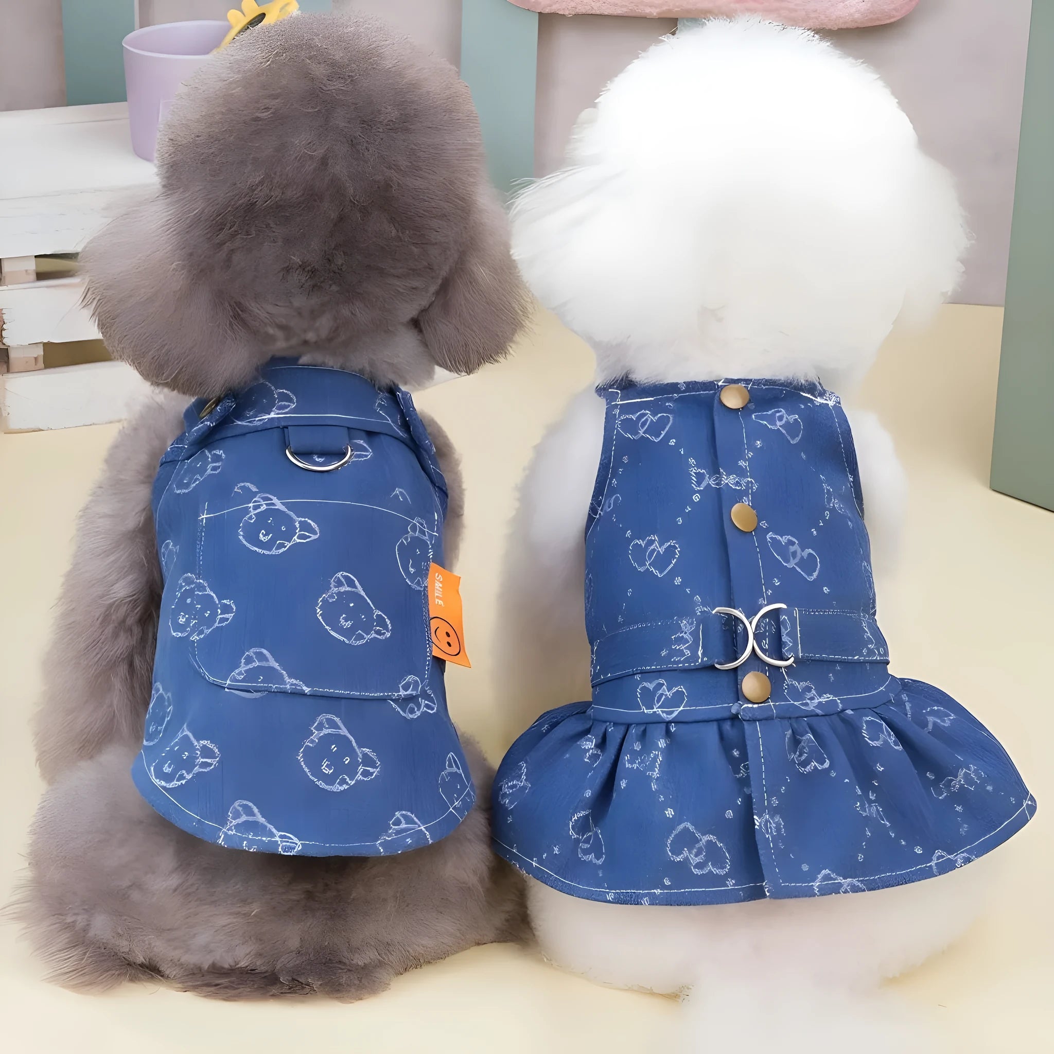 Blue denim Teddy Bichon pet dress in princess style with bracket skirt design