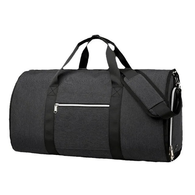 Grey Oxford cloth sports and business bag with expansion feature and dry wet separation compartments.