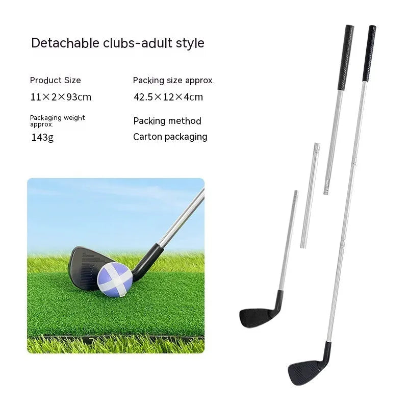 Metal golf club set showing adult and child colour variants for outdoor sports practice