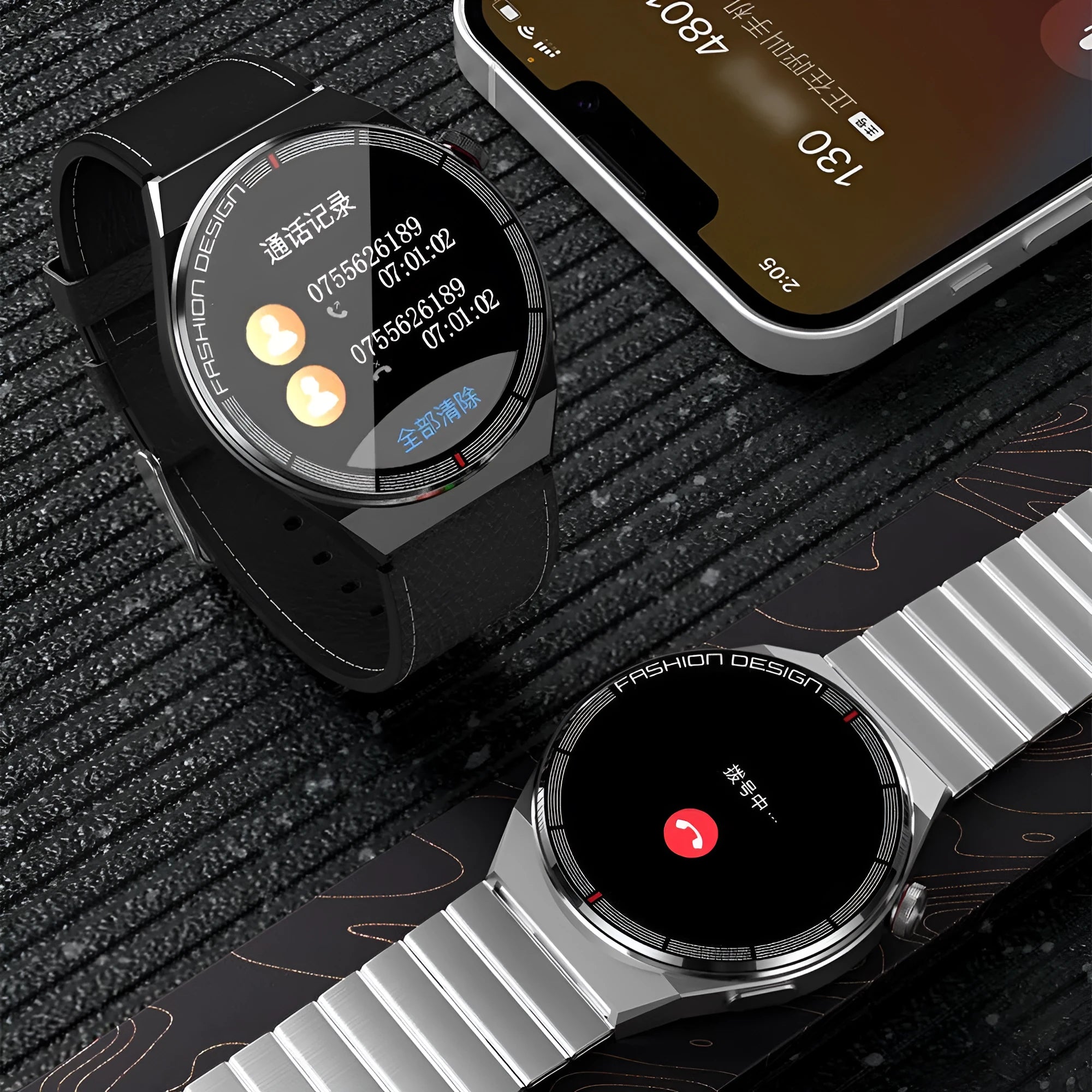 Smartwatch with black case and silicone strap showing Bluetooth calling and health monitoring features