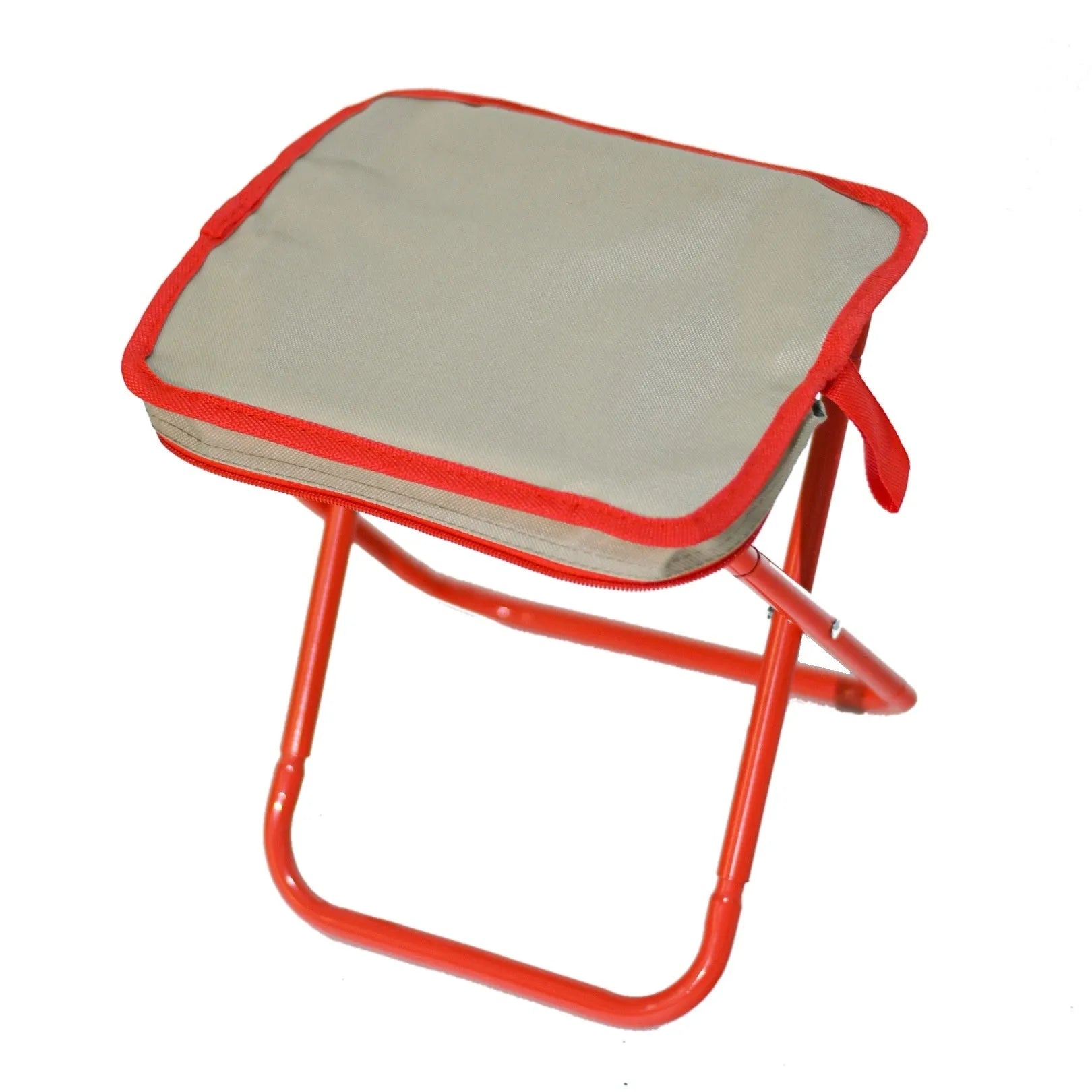 Foldable outdoor camp stool in oxford cloth shown in a khaki colour, folded compactly.