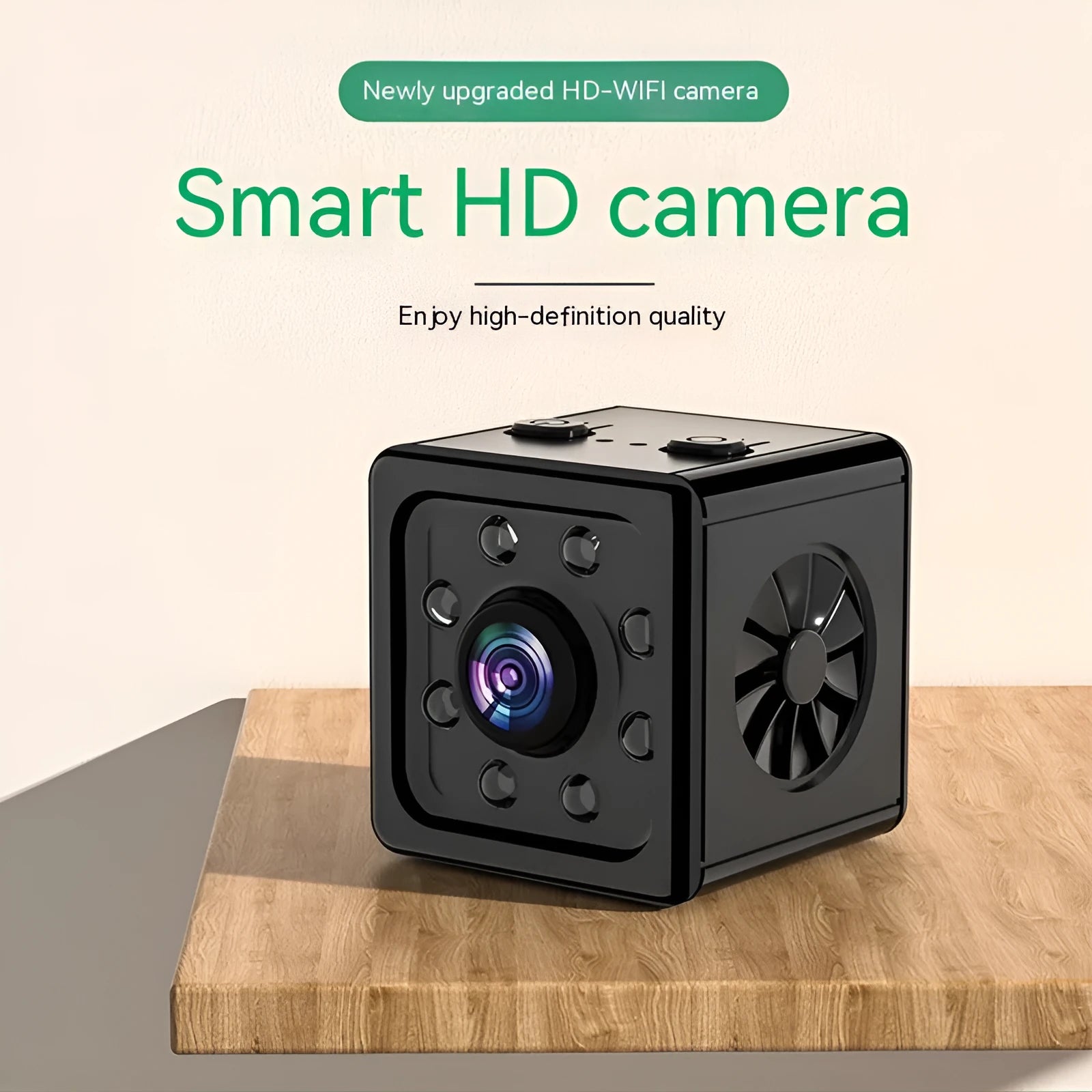 Black cubic K13 intelligent sports HD camera with network function on its supplied mounting bracket.