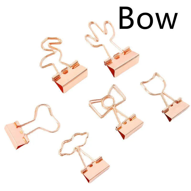 Gold metal decorative paper clip with long tail design in various shapes including flamingo, love and cat