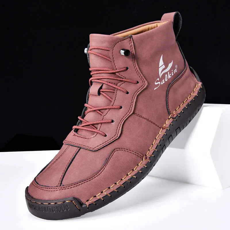Retro high-top casual boots in artificial PU leather with a round toe and elastic band, shown in beige colour.