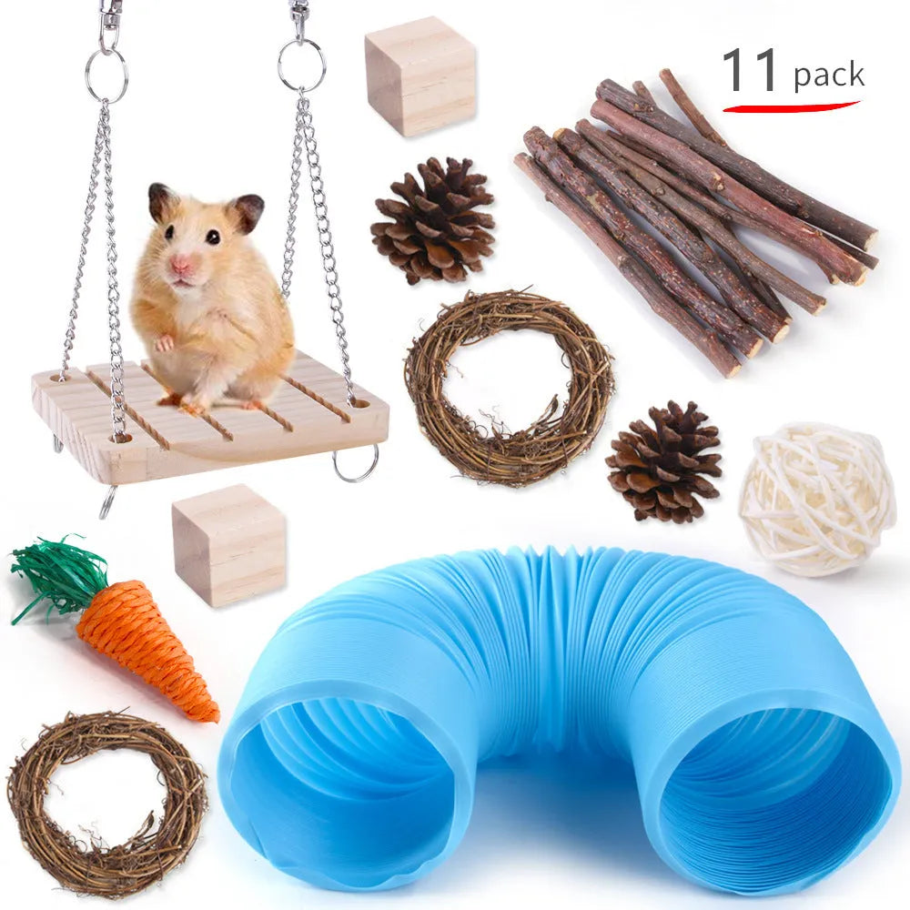 Assorted wooden chew toys for small pets including balls and mats on a natural background