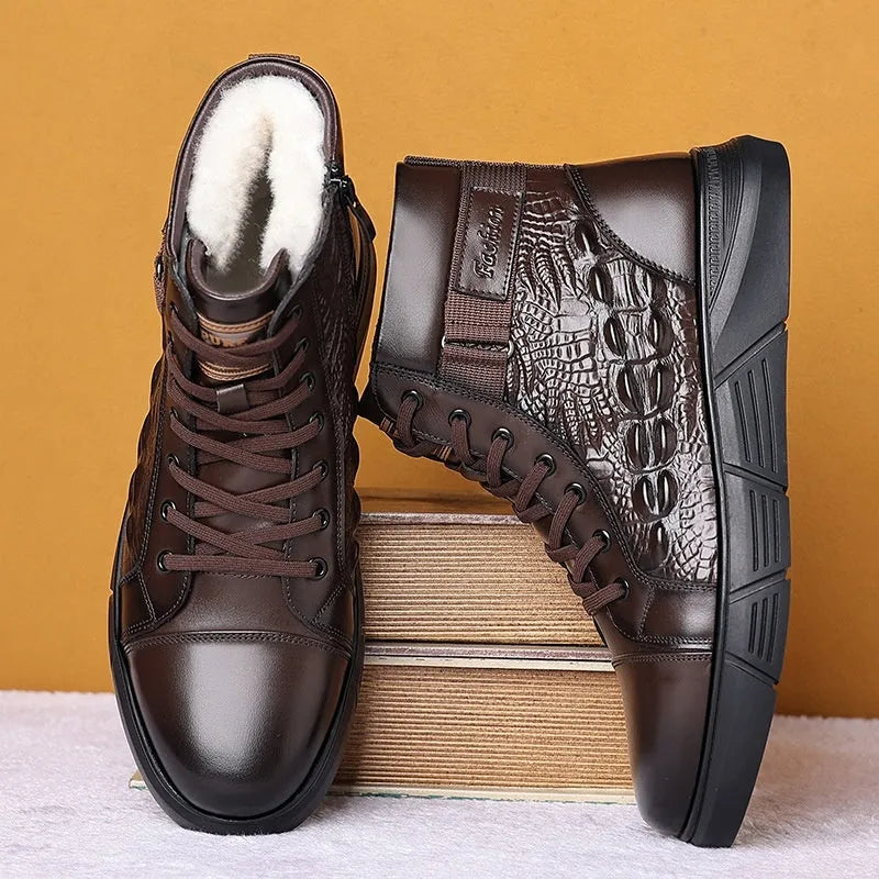 Black and brown genuine leather lace-up ankle boots with fur lining and rubber soles.