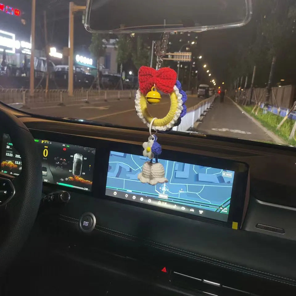 Handmade yarn weaving plush car hanging ornament in Snow White style with red wind chime option
