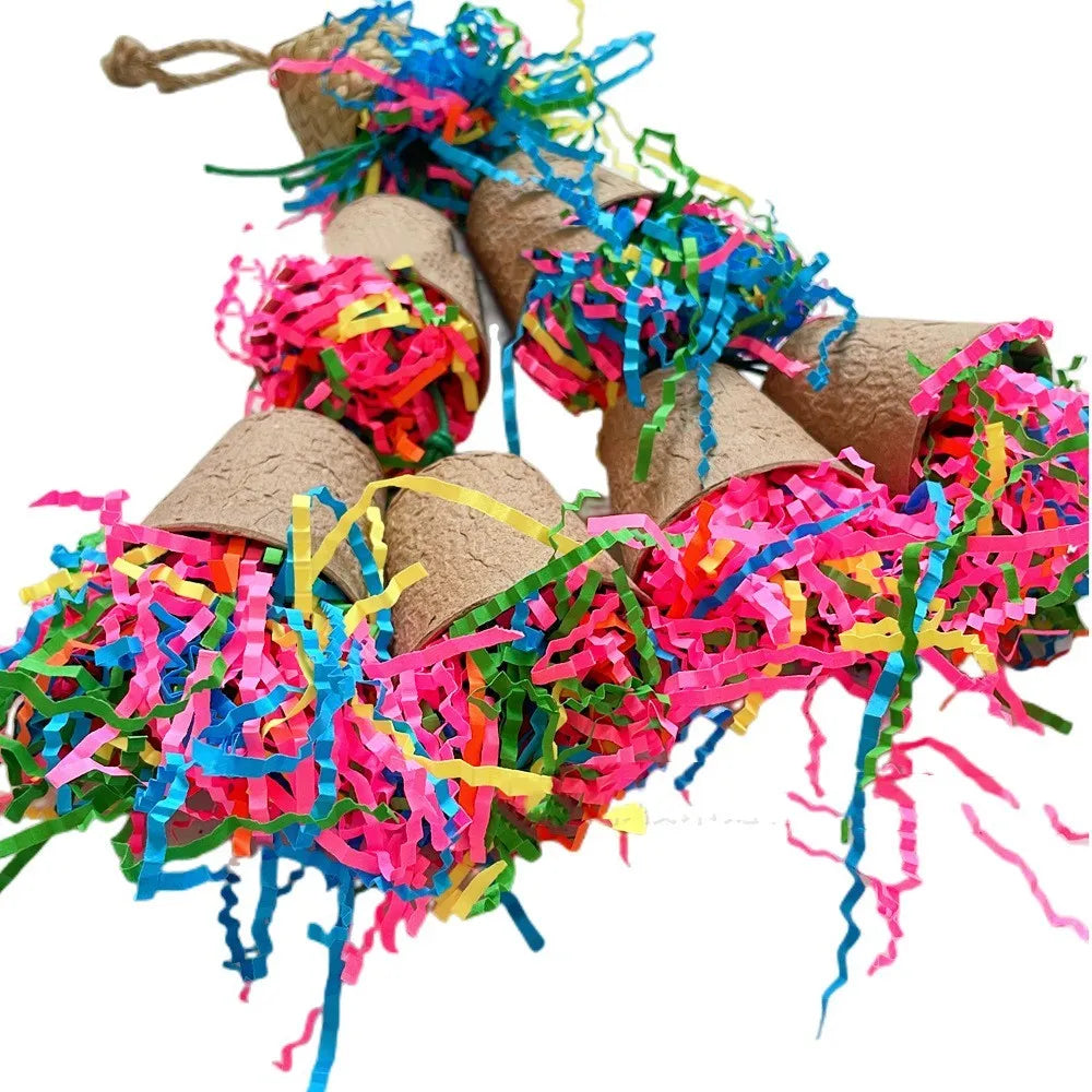Natural palm parrot chewing toy with paper cup design hanging at 38cm length
