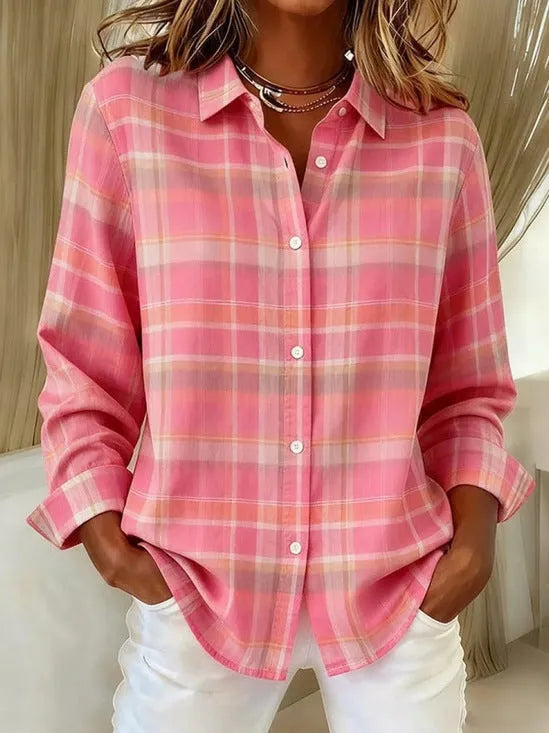 Check print women's long sleeve polyester shirt in solid colour, loose model fit