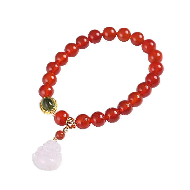 Handmade Chinese style bracelet with amber, red agate beads and Maitreya Buddha gold pendant