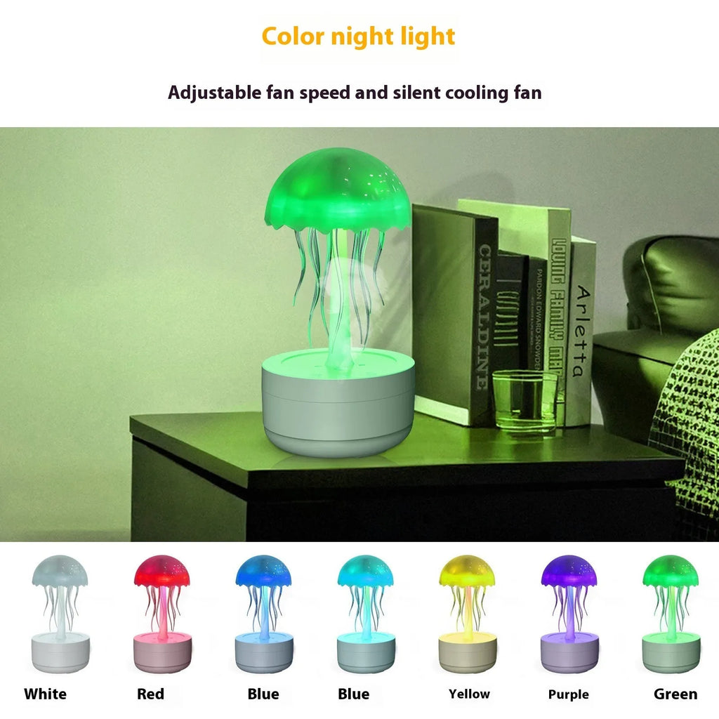 White jellyfish-shaped desktop humidifier and essential oil diffuser with colourful night light on.