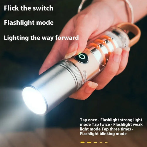 Orange rechargeable LED flashlight with hook attachment showing dual light sources