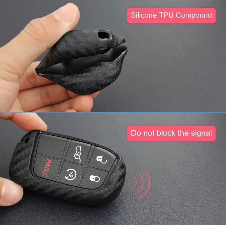 Carbon fibre patterned silicone protection case for Dodge Chrysler Fiat car remote keys with buckle attachment option