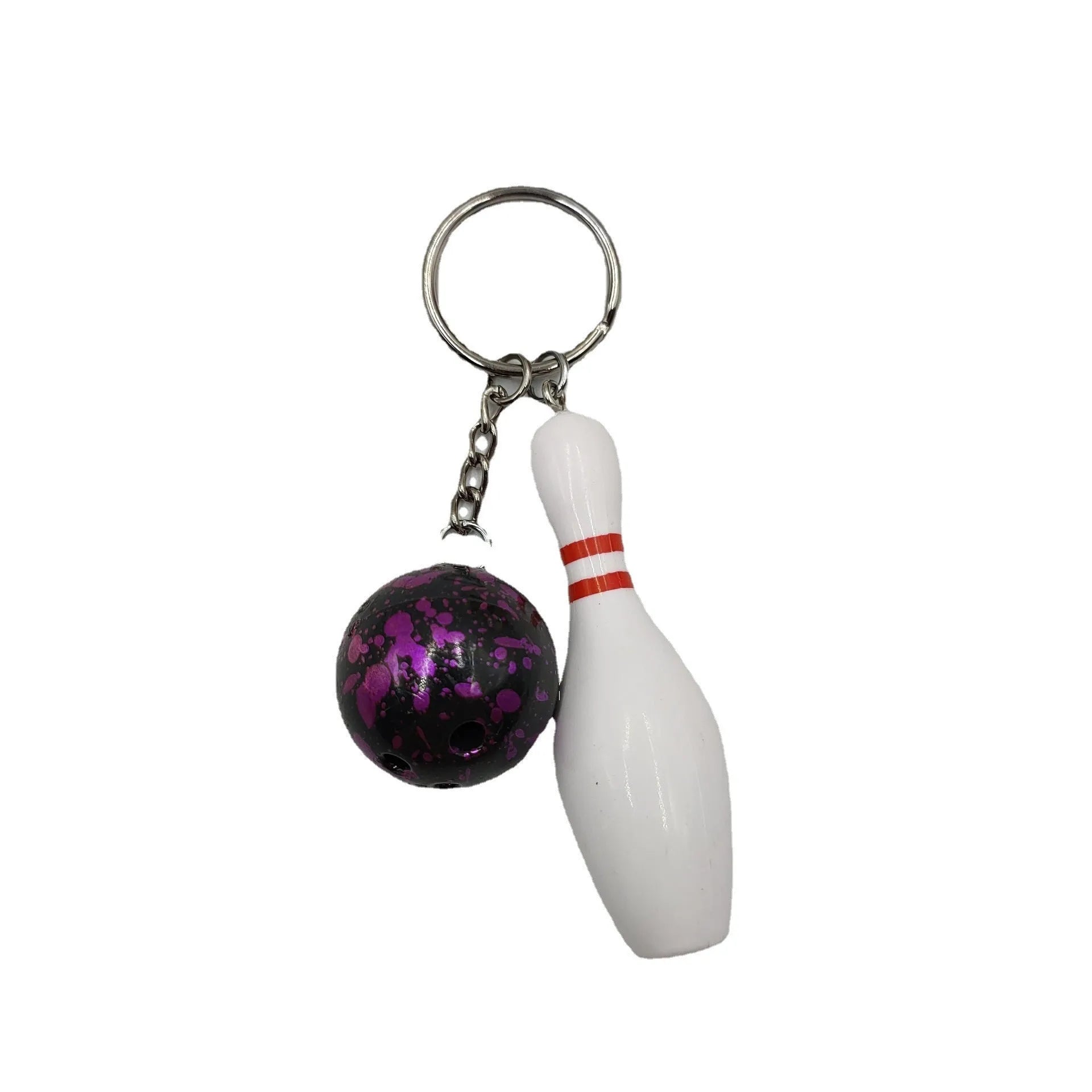 Mini simulation sports bowling pin keychain pendant in blue, dark red, green, or purple colour options.