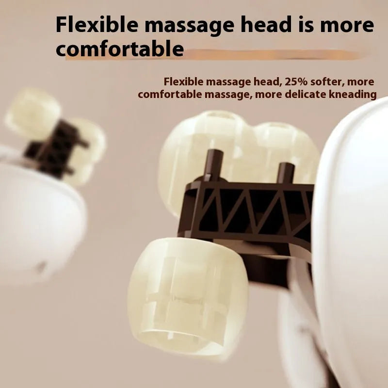 Blue foldable electric neck and back massager with rechargeable battery on a table.