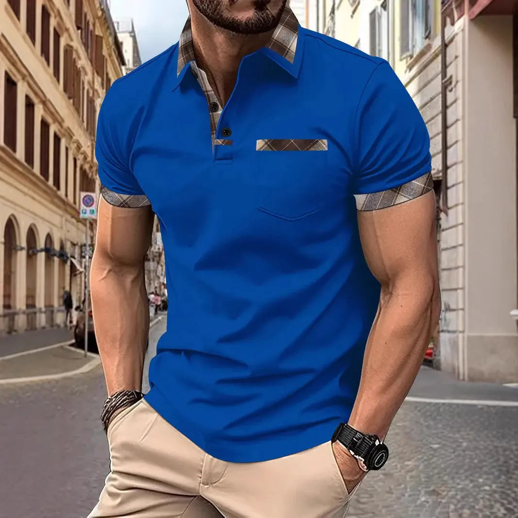 Men's loose fit plaid colourblock short sleeve T-shirt on a white background