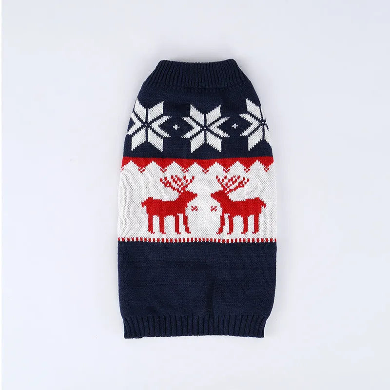 Navy blue Christmas dog sweater knitted from acrylic fabric, showing personalised holiday design for pet wear.