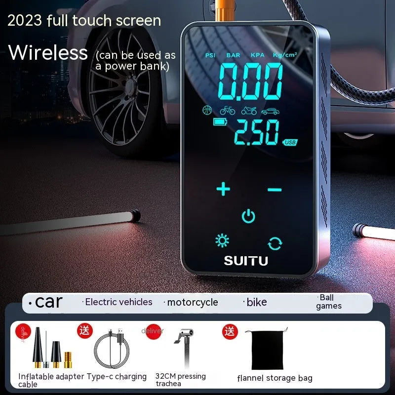 Compact black wireless car tyre inflator pump with LCD screen display on a grey background.