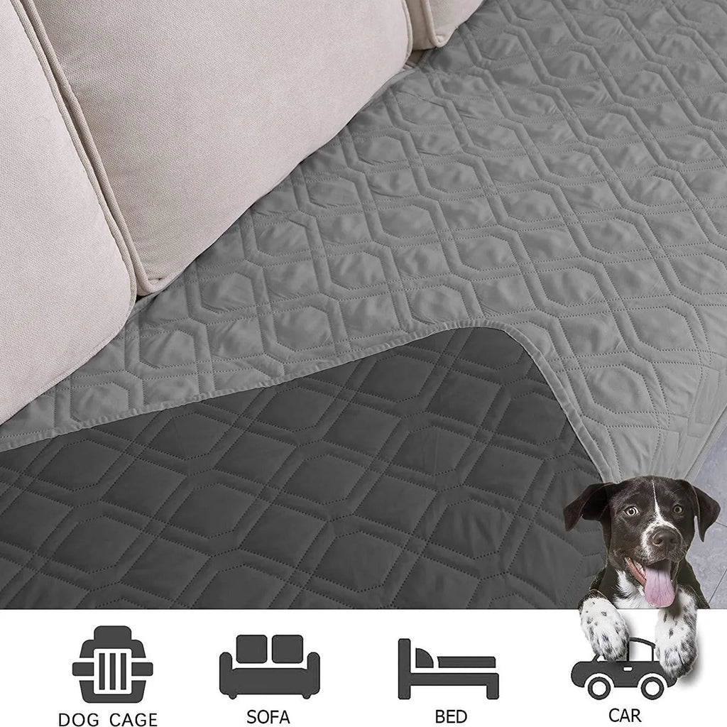 Reversible dog blanket sofa cover in burgundy colour protecting a leather couch from pet damage