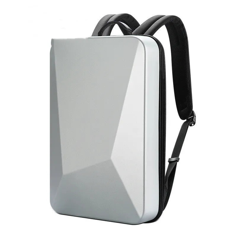 Black hard shell PC gaming backpack with lock opening and double shoulder straps