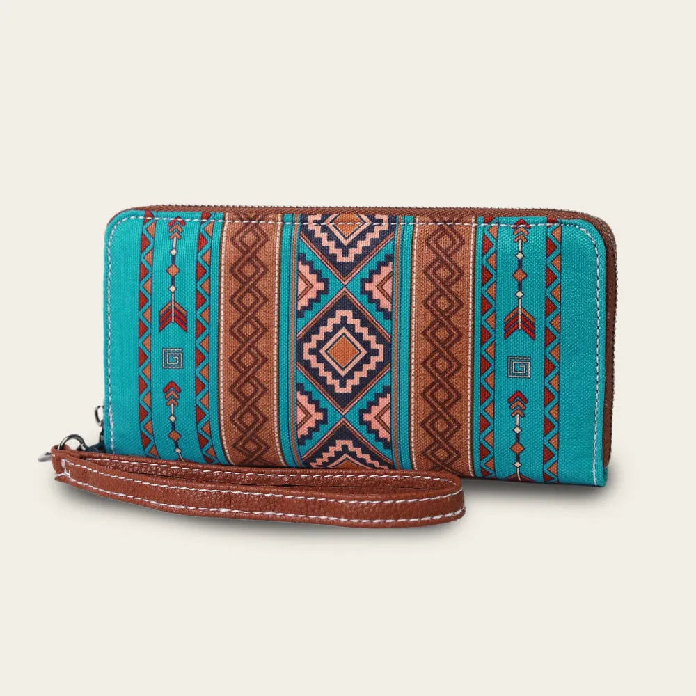 Bohemian striped canvas RFID wallet in beige colour showing card slots and wind belt design