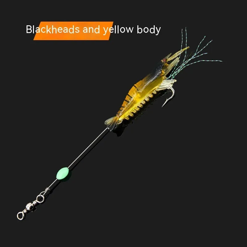 Six soft plastic fishing lures with integrated hooks in different colour variations including luminous patterns