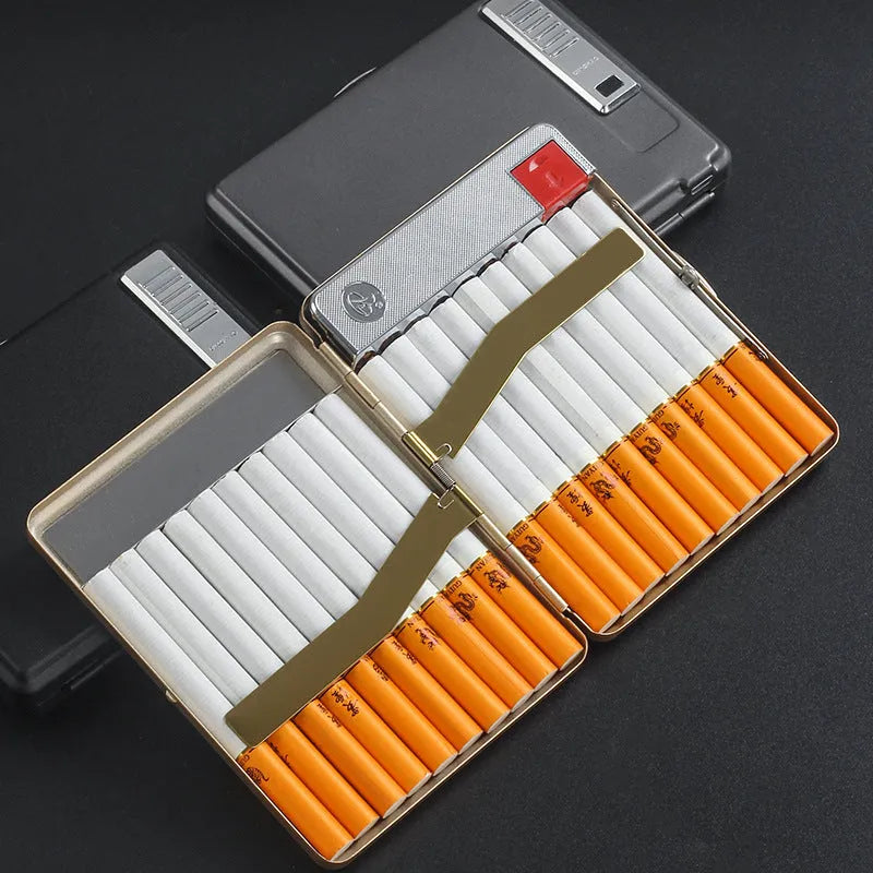 Classic flip charging metal cigarette case lighter with built-in windproof lighter, available in black, gold, and gray.