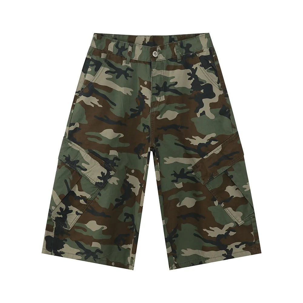 Men's cotton camouflage wide leg jeans with American side stitching and large pockets
