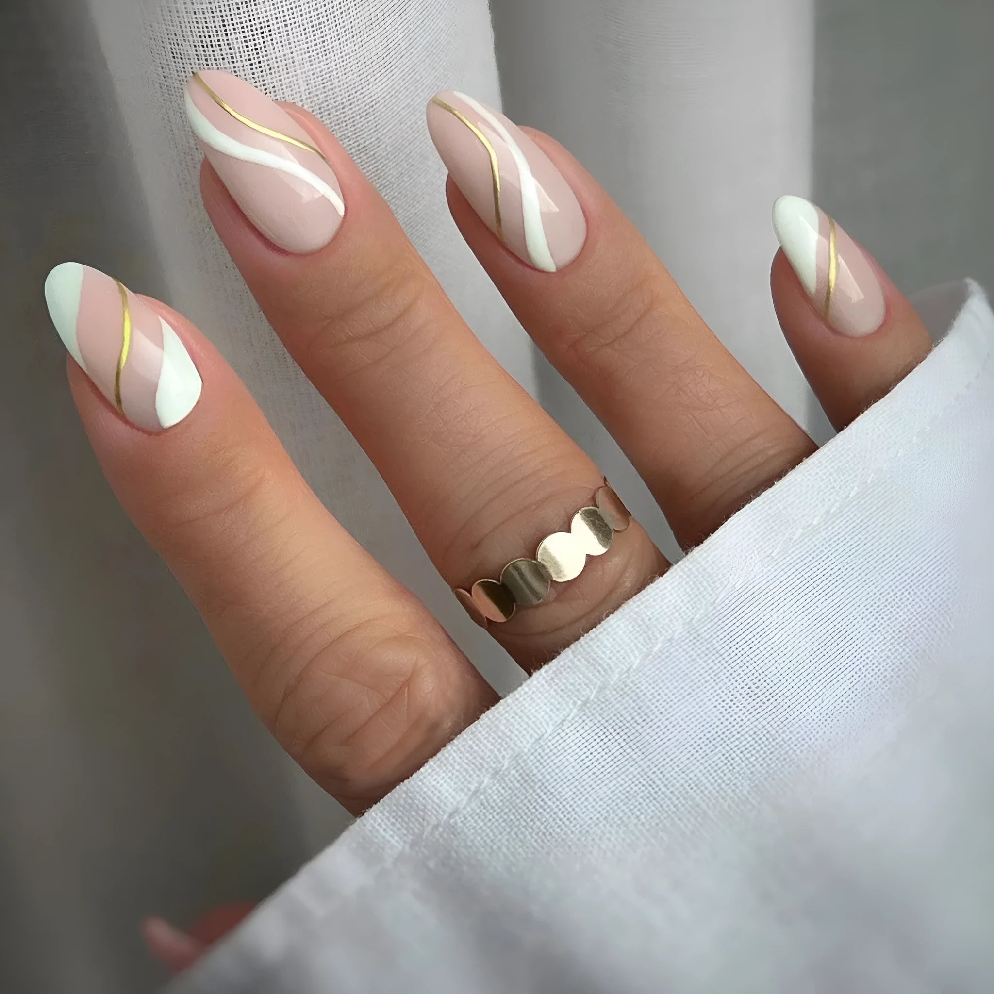 Golden Lines plaid pattern wearable nail stickers in JF0518 jelly glue colour with medium drop shape