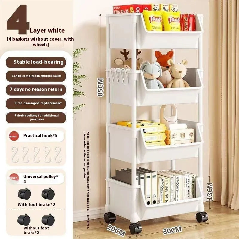 White plastic household multi-layer storage rack with wheels, rotatable, 3 layers, on a floor