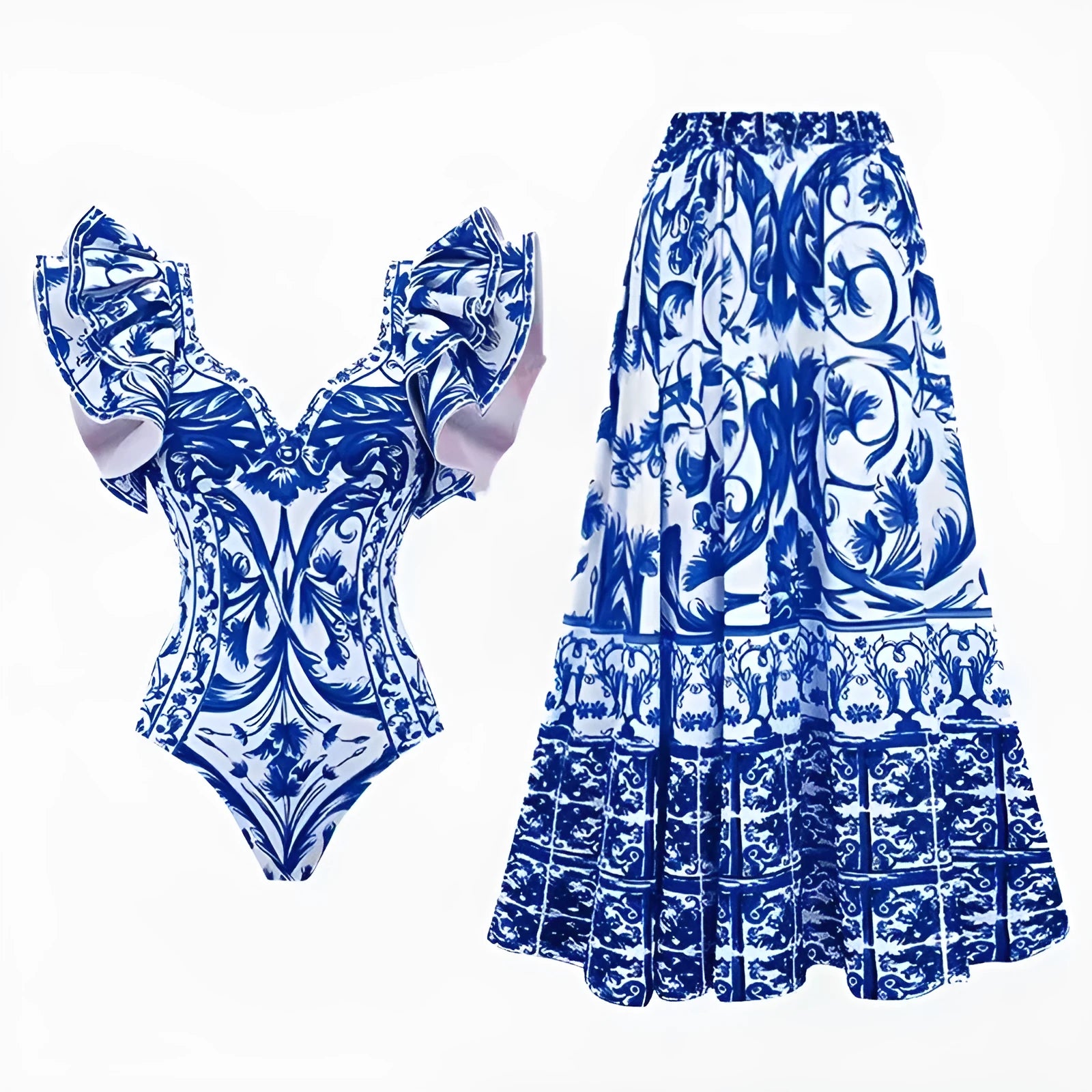 Women's printed polyester one-piece swimsuit on a hanger.
