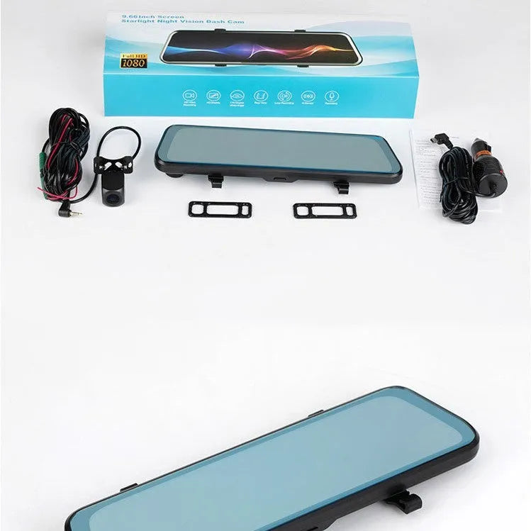 10-inch full-screen dash cam with front and rear dual lenses displaying road footage on its touchscreen