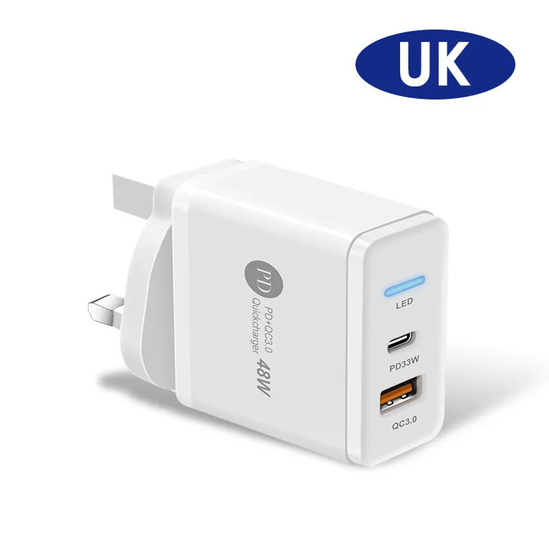 PD48W fast travel charger with UK three-pin plug in black or white colour, showing type-C USB port