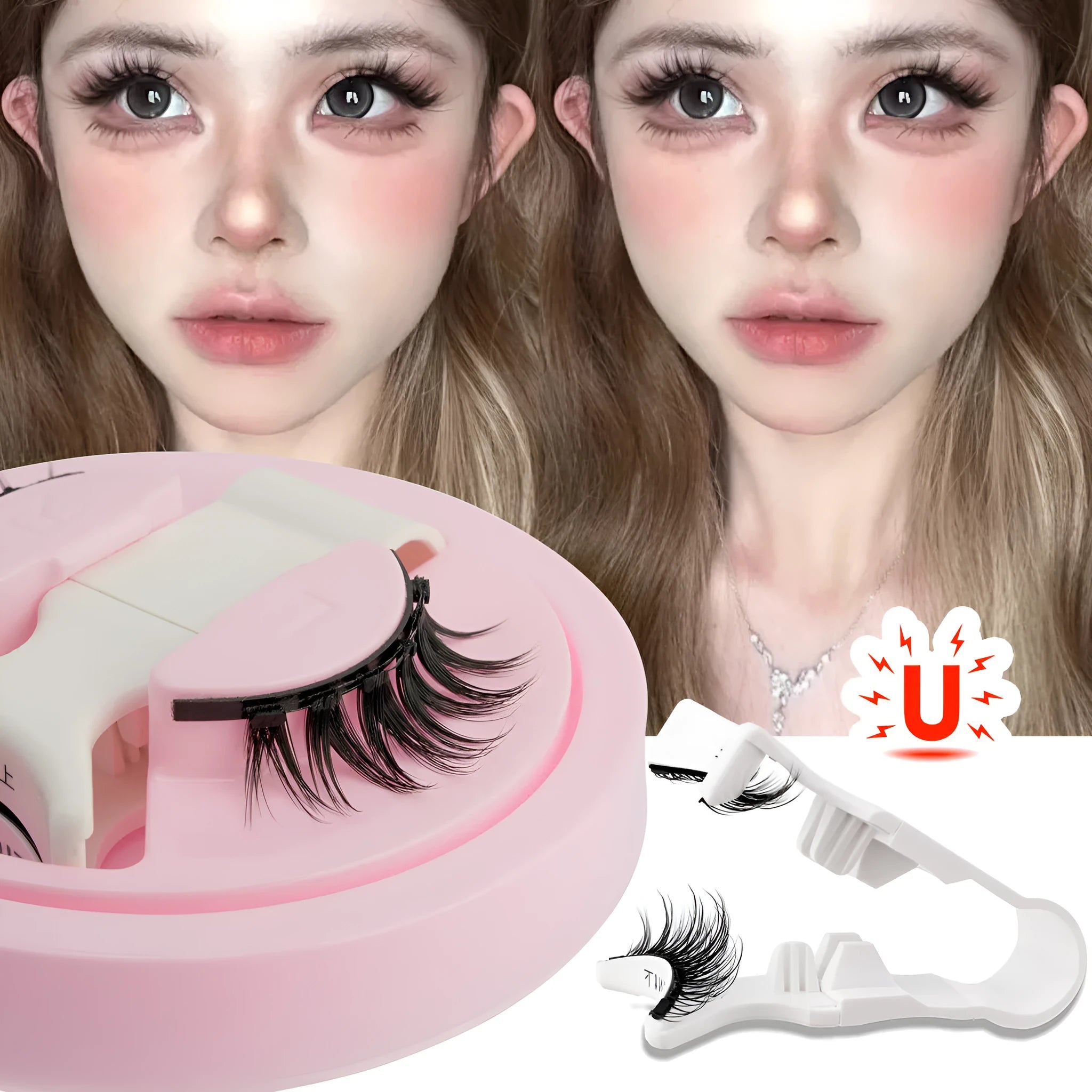 Reusable waterproof glue-free false eyelashes set in natural thick style with artificial fibre material