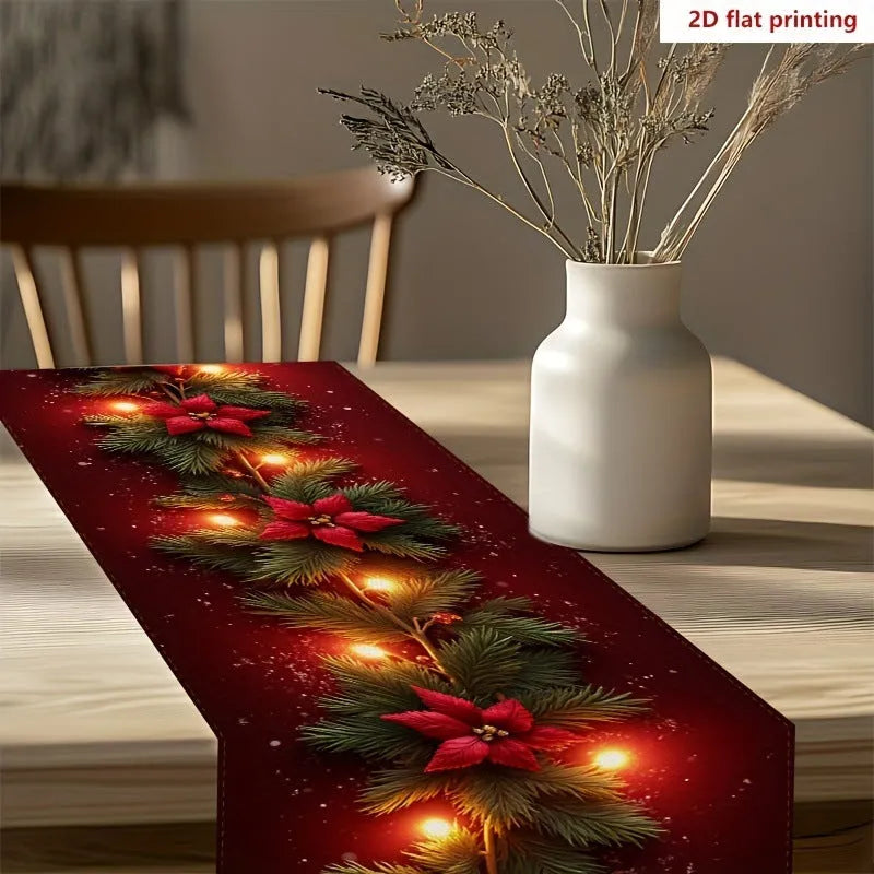 Christmas theme printed table runner with white, red, and green stripes on a wooden dining table, 33x183cm