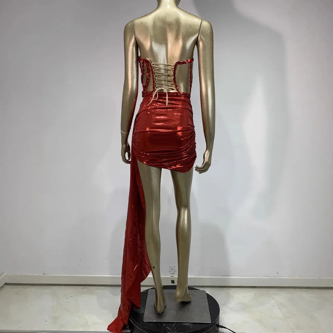 Red mesh stage costume skirt suit with hollow see-through design for banquet performances