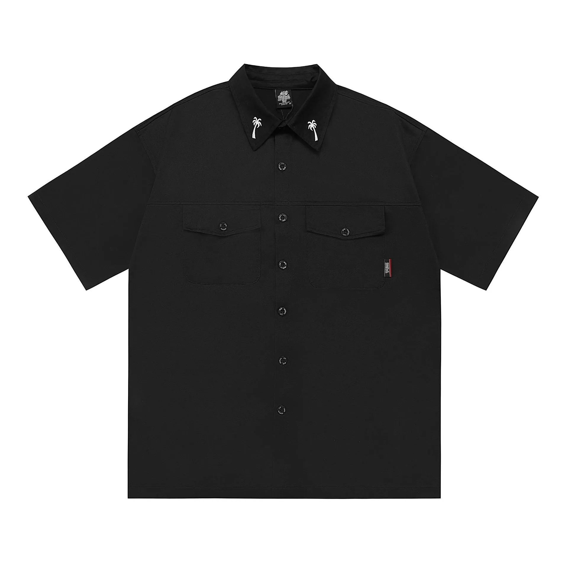 Men's black plus-size loose fit work shirt with a chest pocket and embroidered detail on the sleeve.