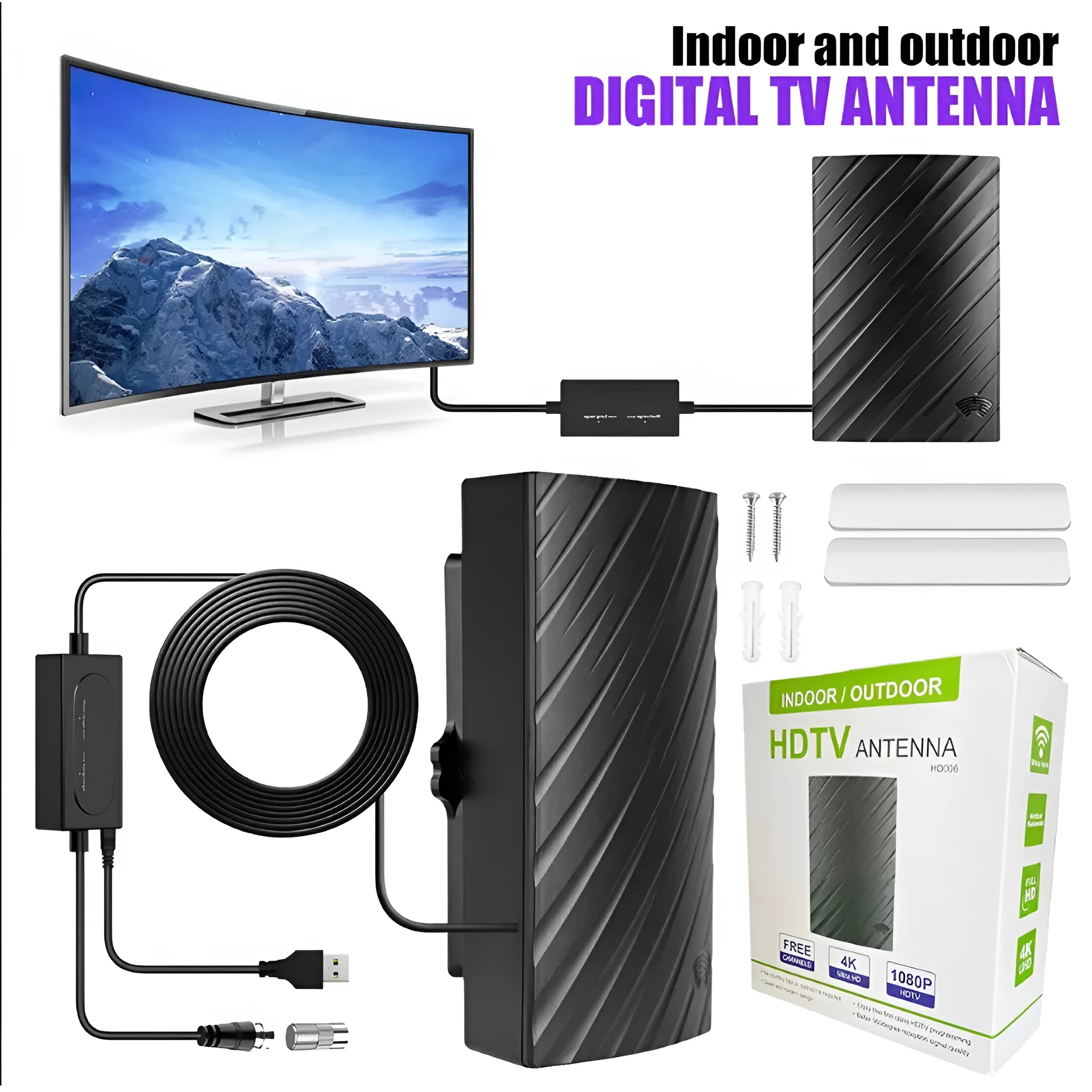 Black plastic Home HD Mode digital television antenna with mounting hardware.