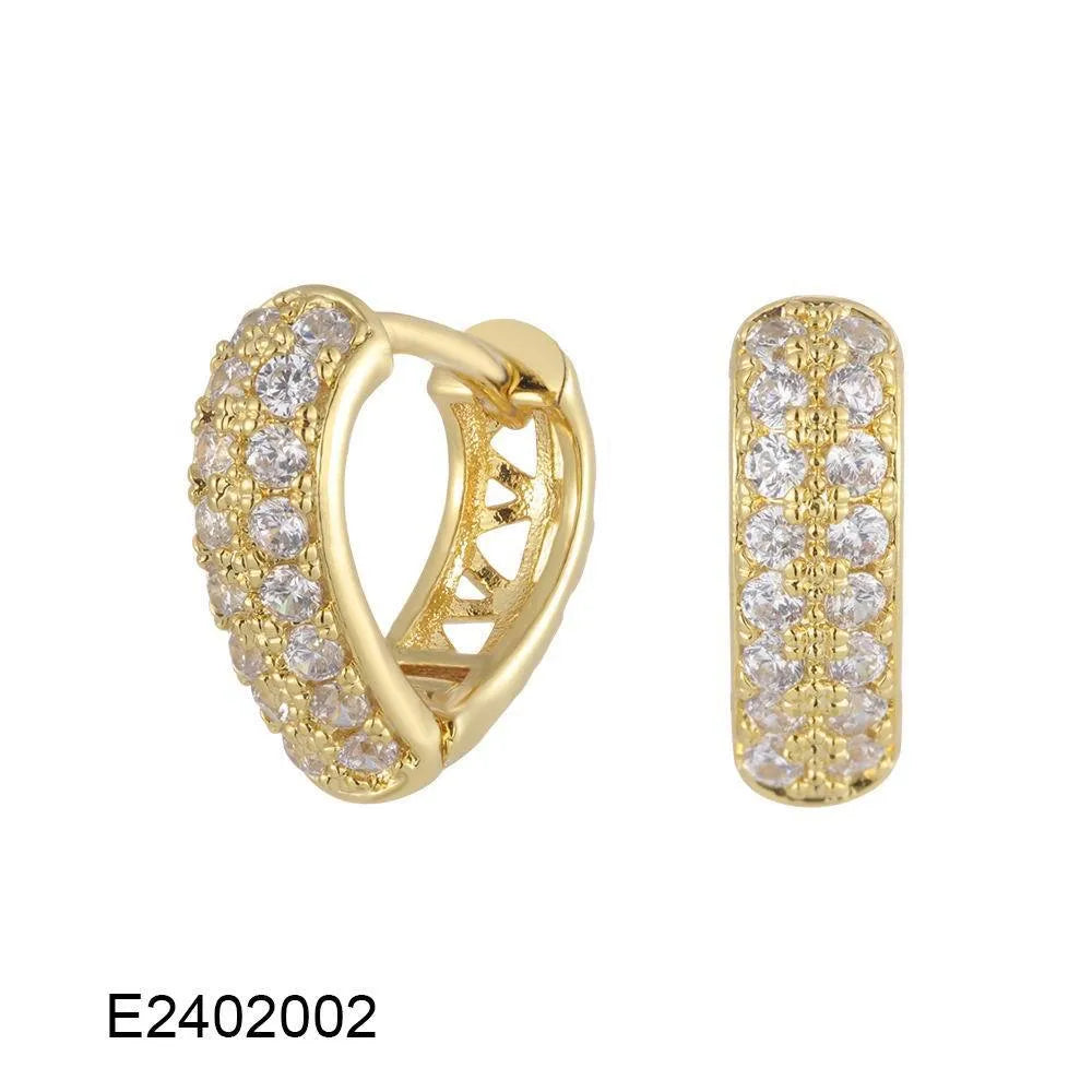 Brass gold plated heart-shaped zircon ear clip earrings with gang drill detailing
