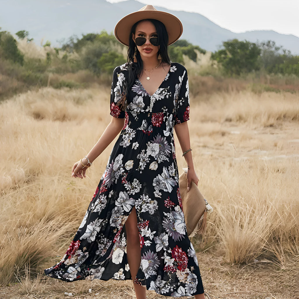 Women's floral print summer dress with V-neck and elastic waist in yellow, black or blue