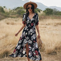 Women's floral print summer dress with V-neck and elastic waist in yellow, black or blue
