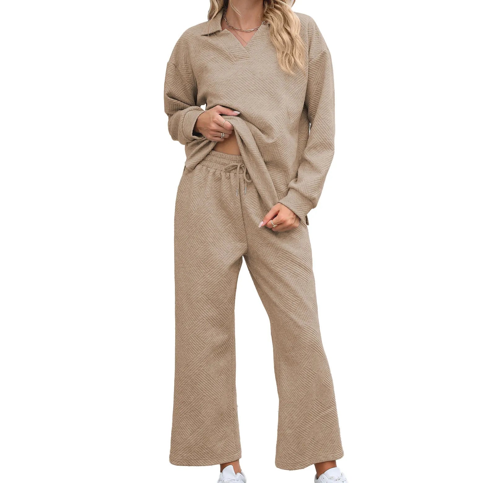 Women's black geometric pattern knitted jacquard long sleeve top and elastic waist cropped pants suit set.