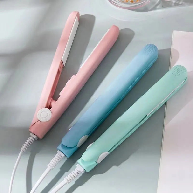 Mini hair straightener with storage box in choice of blue, pink, purple, white or yellow colour