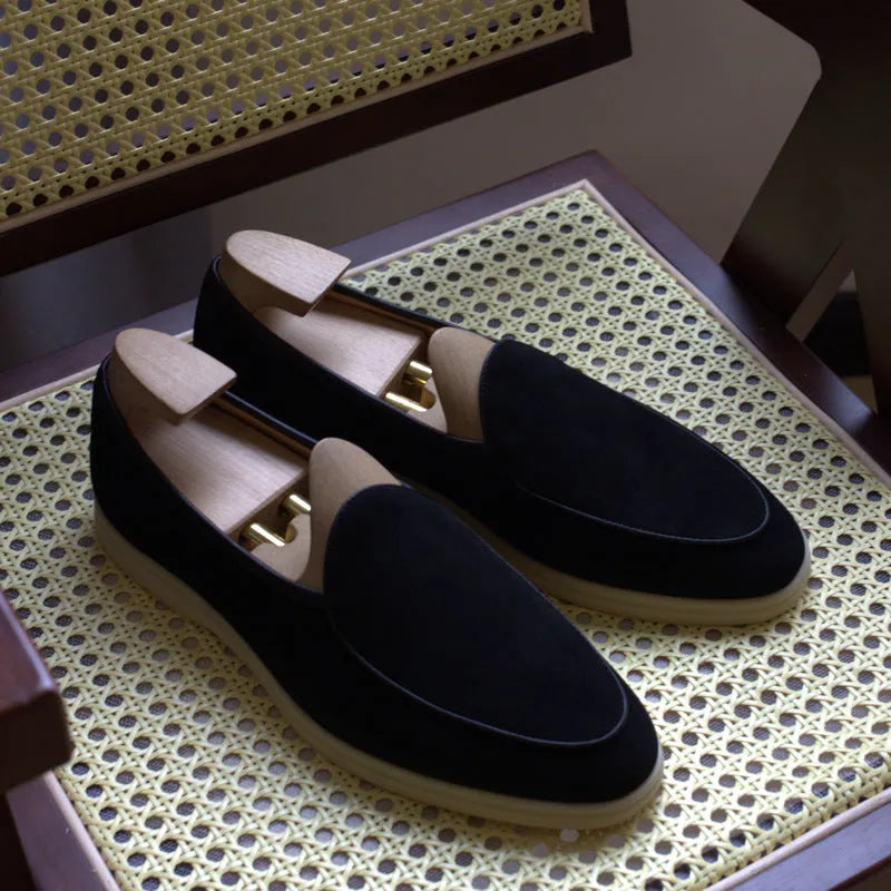 Men's brown genuine leather LP flat loafers with a low cuff, shown on a white background.