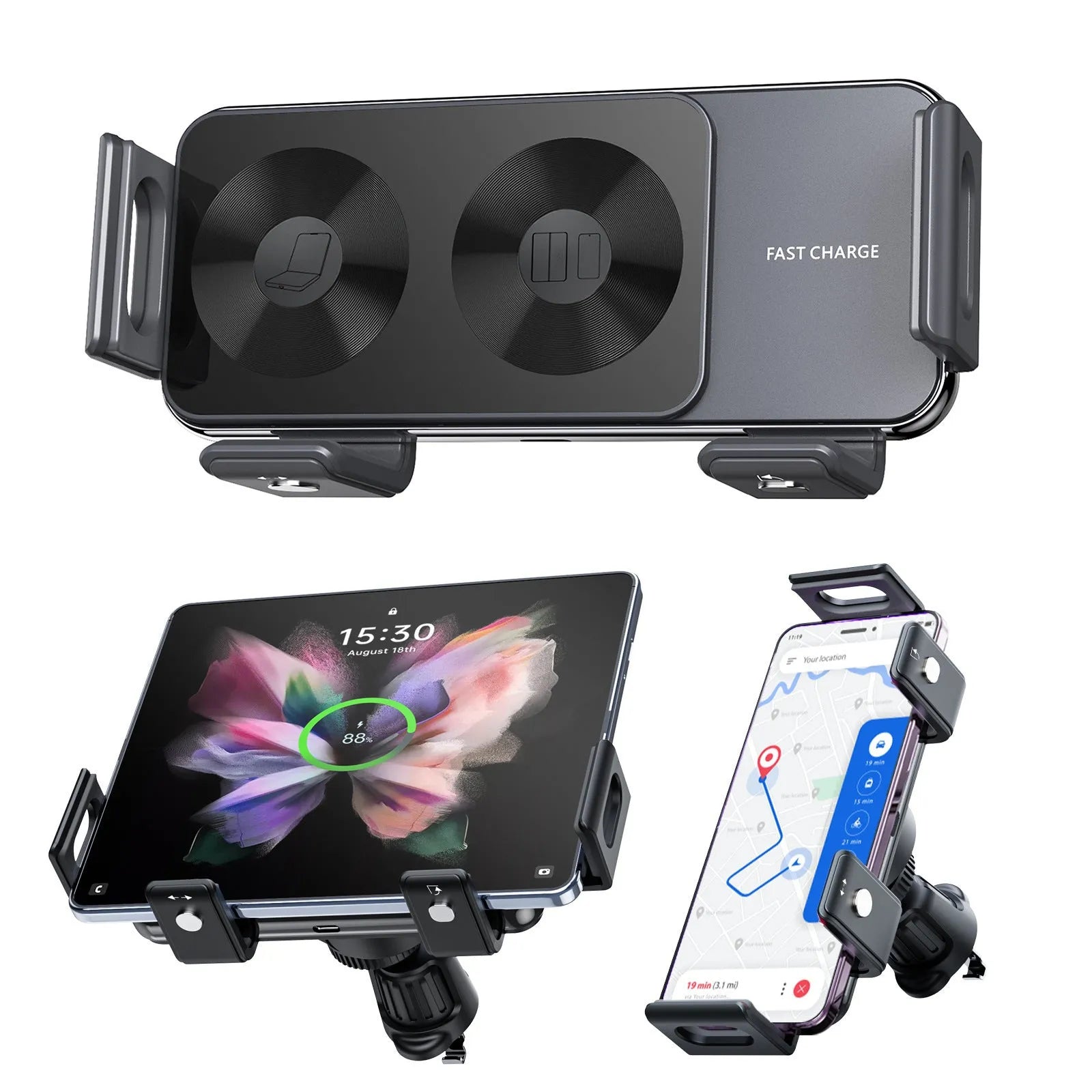 New car wireless charger mobile phone holder in alloy, universal style with 360-degree rotation