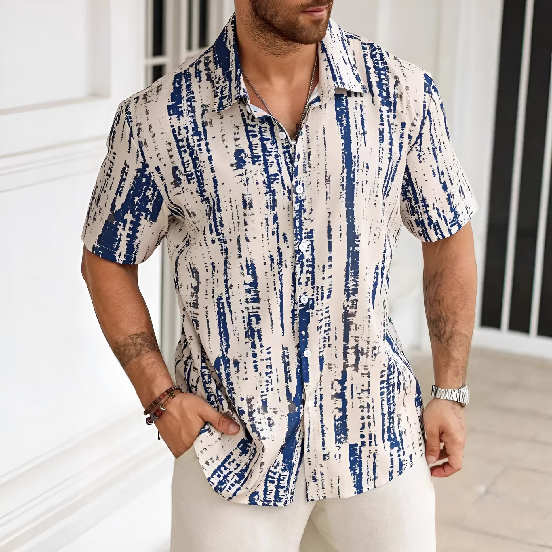 Men's 3D printed striped short sleeve shirt in apricot colour with anti-wrinkle polyester fabric