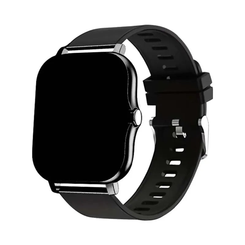 Smart watch with touch screen showing Bluetooth calling and health tracking features on silicone strap