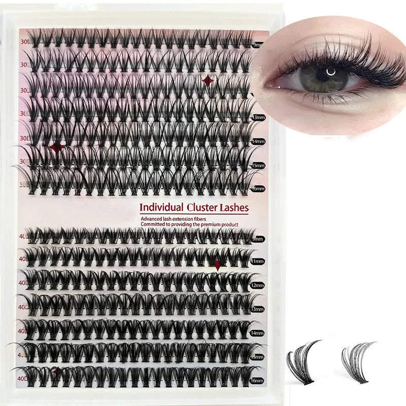 DIY mixed package of cluster false eyelashes showing 30D and 40D high-grade fibre lashes from 9mm to 16mm with tweezers.