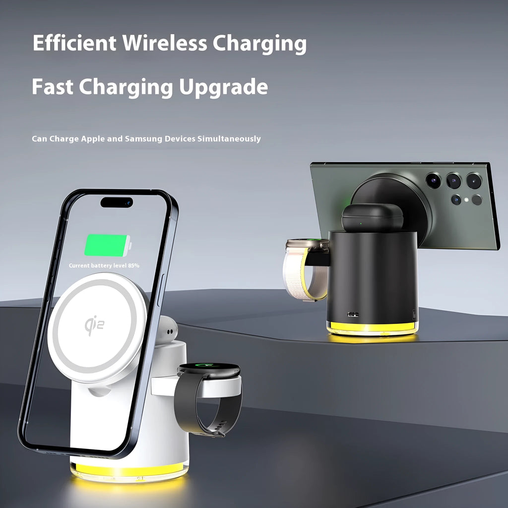 Black Wireless Charger C16 open showing three charging areas for phone, watch, and earphones.